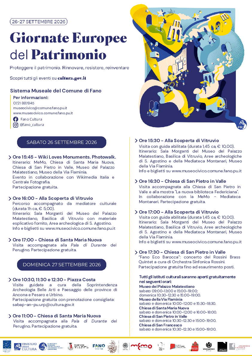 26-27 settembre 2026: Giornate Europee del Patrimonio 2026 “Proteggere il patrimonio. Rinnovare, resistere, reinventare” 26-27 settembre 2026: Giornate Europee del Patrimonio 2026 “Proteggere il patrimonio. Rinnovare, resistere, reinventare”