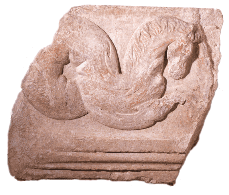 Fragment of architectonic frieze in white limestone depicting a sea horse Late 1st century BC